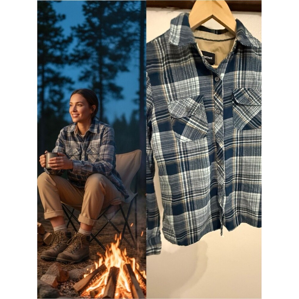 Marmot Plaid Flannel Shirt Women’s Small Blue Button Front Outdoor Hiking